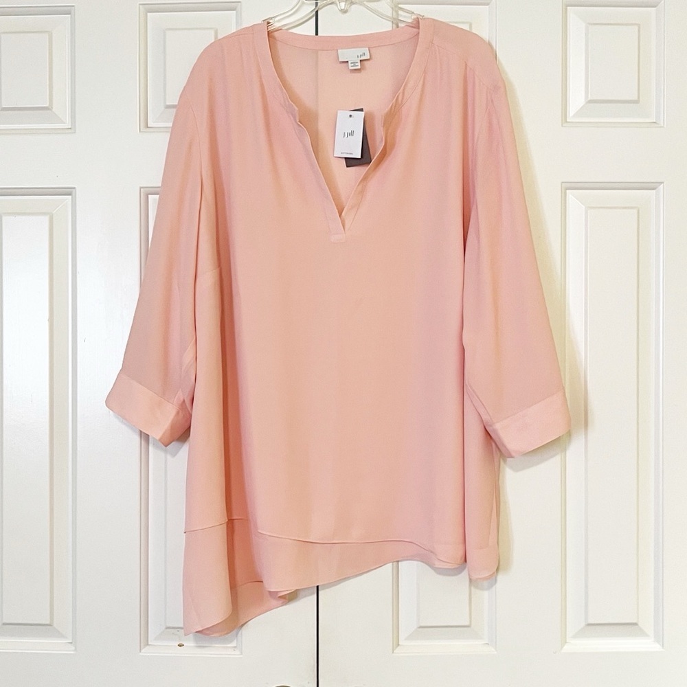 NWT! J. Jill Dusty Pink Roll Tab Sleeve V-Neck Asymmetrical Hem Tunic. Size 3X - Picture 1 of 13